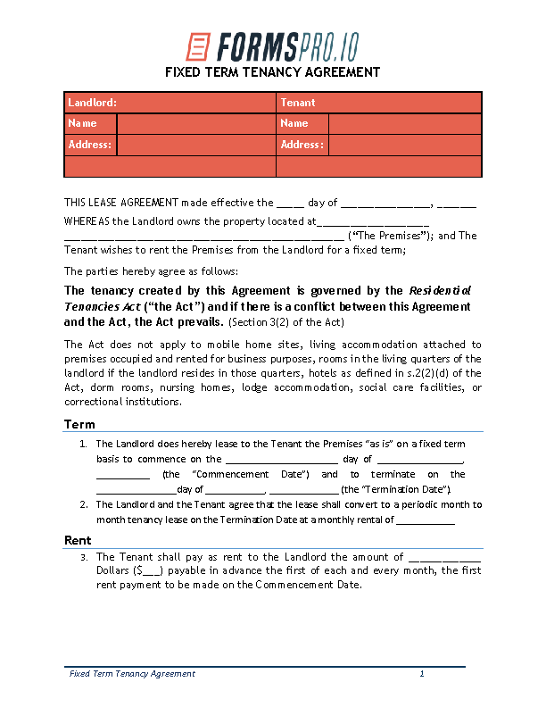 Fixed Term Tenancy Agreement Template